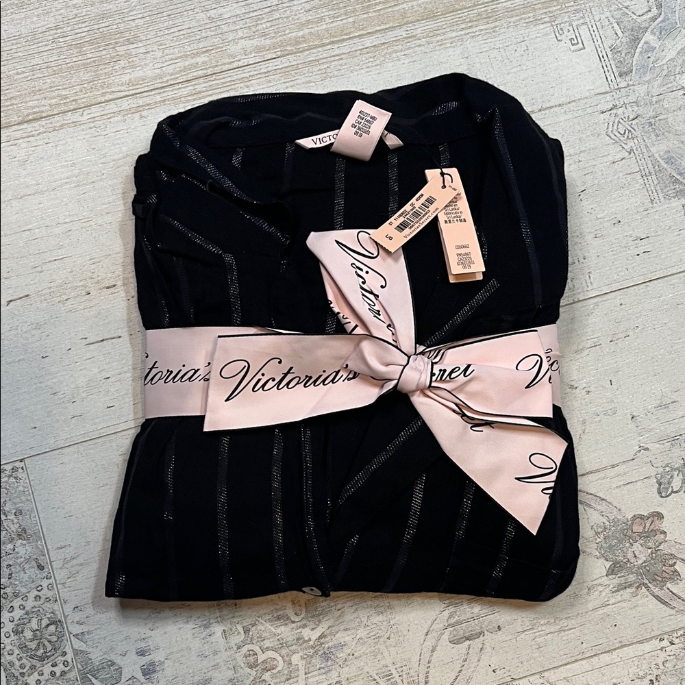 Victoria's Secret Black Striped Flannel Pajama Set Long Sleeve and Pants Large